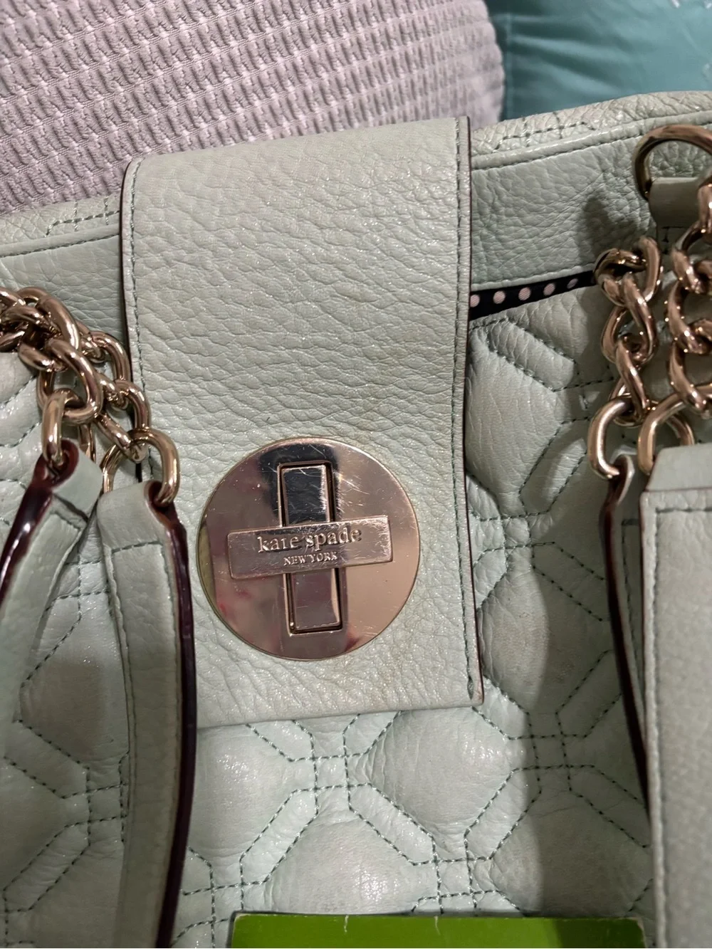 Kate Spade Quilted Mint Green Leather Tote with Turn-Lock